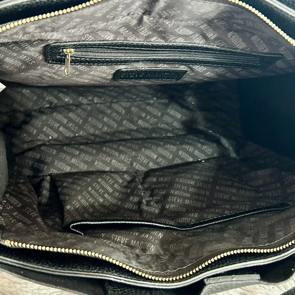 Steve Madden Black Faux Leather Laptop Tote, Gold Zip Front, Work Bag